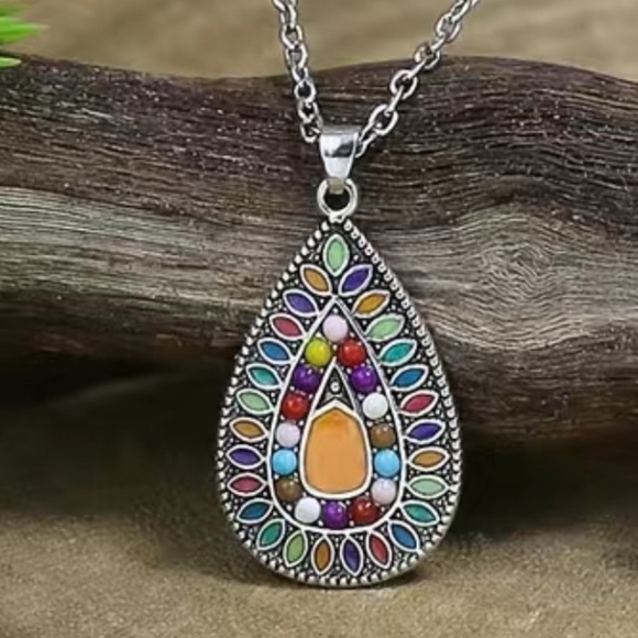 Boho Teardrop Necklace Multicolored Pendant Beaded Silver Native American - Picture 2 of 10